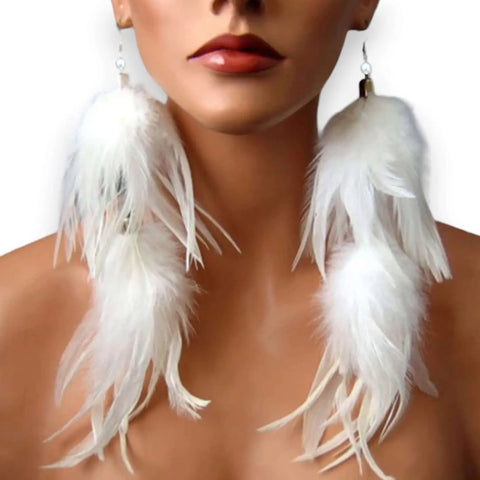woman wearing  white feather long tassel earrings boho, western, festivals close up 