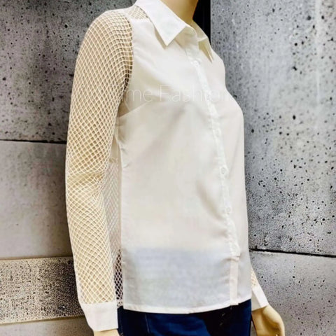 White Fishnet Sleeve Sheer Button Up Blouse front mesh panel cuffed long fishnet sleeves and partial fishnet back panel small or medium