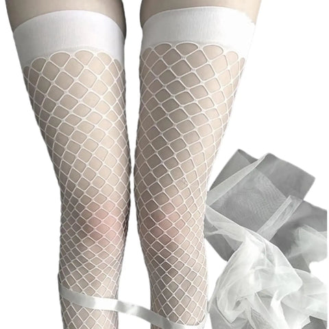 White Fishnet Thigh High Stockings
