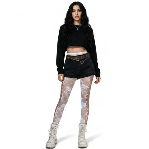 White Floral cut out fishnet tights with rose vine detail, diamond mesh panels and high-waist stretch fit / one size