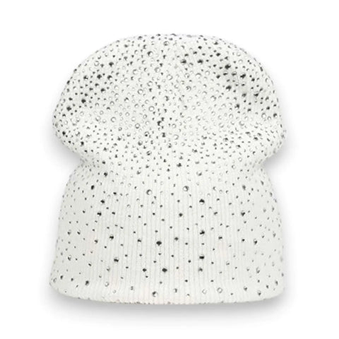 White Glitter Winter Knitted Beanie Cap with rhinestones front view