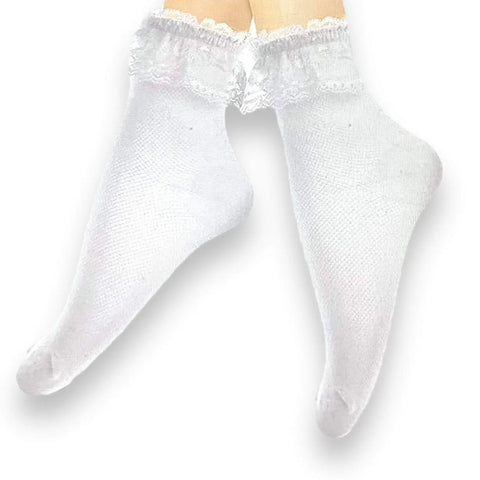 White lace ruffle cotton ankle socks scalloped lace topper diamond textured cotton footbed feminine coquette kawaii balletcore one size shoe 5 to 9