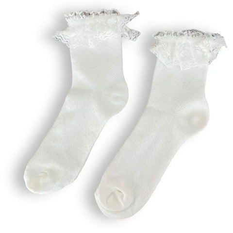 White lace ruffle cotton ankle socks scalloped lace topper diamond textured cotton footbed feminine coquette kawaii balletcore one size shoe 5 to 9