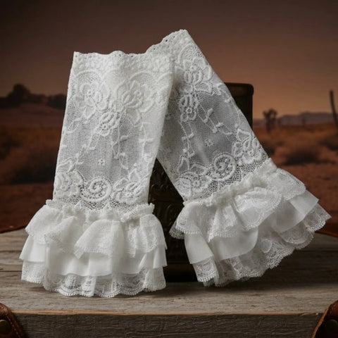 Romantic lace ruffle arm covers in white with floral forearm lace and fingerless hand detail / one size
