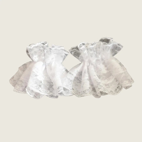 Detachable Victorian lace wrist cuffs in black or white with ruffled floral lace and stretch band