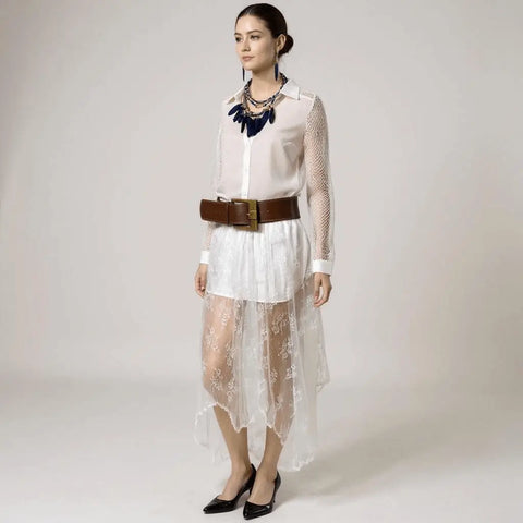 woman wearing with wide belt white top White Floral Lace Sheer Asymmetrical Midi Skirt with partial lining, elastic waist, and flowy hanky hem