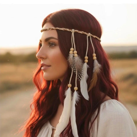 Festival feather headband with braided faux leather ties, wood beads and long flowing feather accents