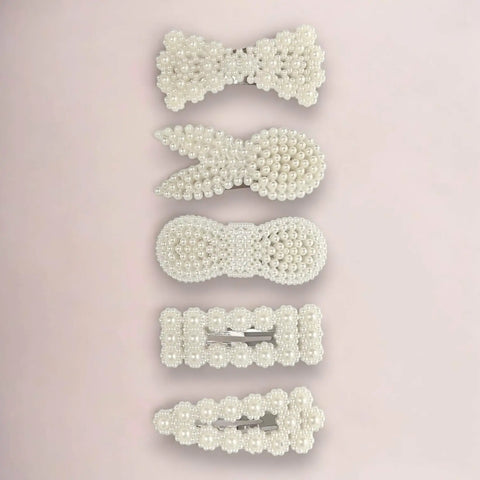 set of 5 oversized white pearl beaded hair clips with silver snap closure mixed shapes bunny bow triangle rectangle bowknot coquette hair accessories
