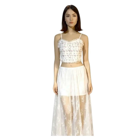 White Pink Floral Ruffle Lace Bustier Top with a white lace skirt