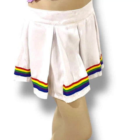 White pleated rainbow mini skirt by Club Exx with wide pleats and rainbow trim, plus size pride skirt, inspired rave festival fashion