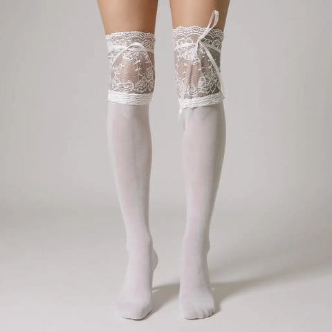 lace-top over-knee white stockings styled with ribbon closure