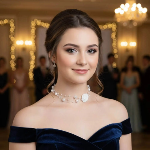 White Rose Pearl Choker Necklace with embroidered floral centerpiece and layered faux pearl strands