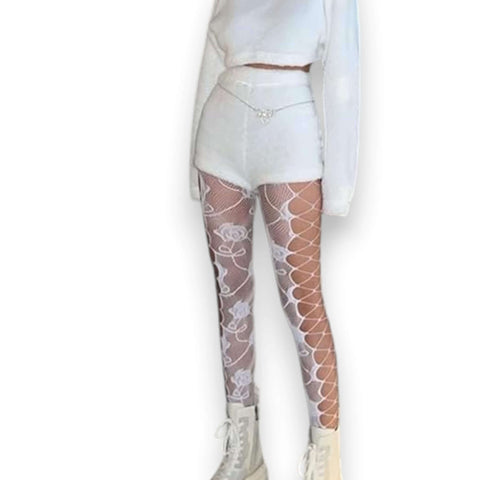 White Split rose fishnet tights with mesh sides and floral inner design