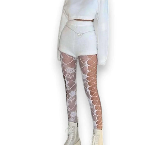 White Split rose fishnet tights with mesh sides and floral inner design
