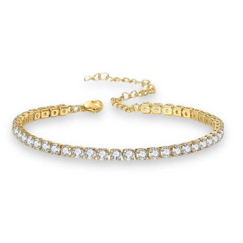White Square Crystal Tennis Anklet in gold tone, featuring sparkling square faceted Zircon stones in a prong setting.