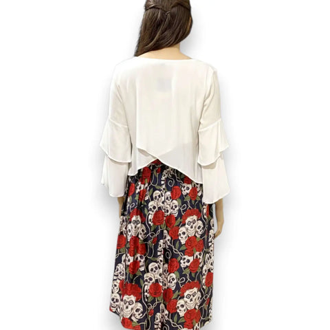 White V-neck long sleeve tiered blouse with ruffle sleeves and crisscross back detail size 4