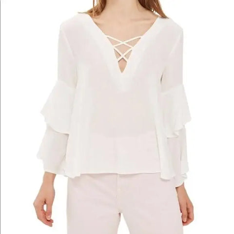 White V-neck long sleeve tiered blouse with ruffle sleeves and crisscross back detail size 4