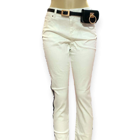 Mid Rise White Skinny Ankle Jeans with Black Side Stripes