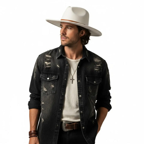 a man wearing Wide Brim Felt Fedora Fashion Hat coastal cowboy vibe