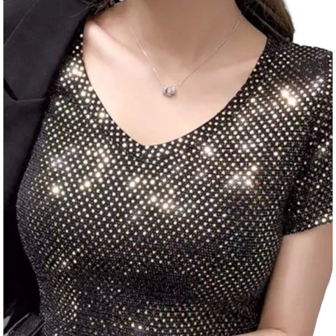 wild child sequin v-neck short sleeve top in gold sequins on black knit, women’s size large