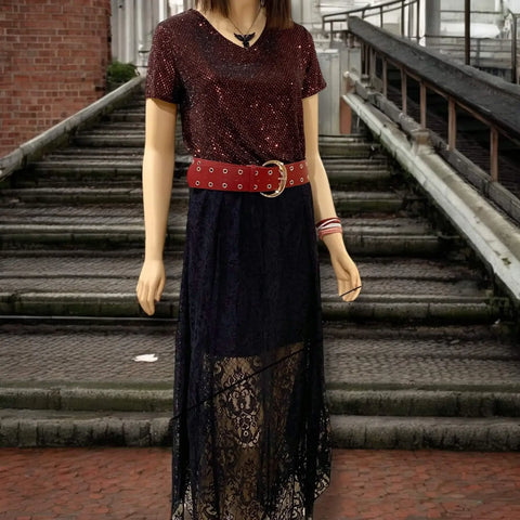 wild child sequin v-neck short sleeve top in ruby red sequins on black knit, women’s size large