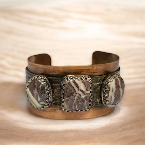 Wild Horse Triple Stone Cuff with three jasper stones, sterling settings, and matte copper wide band