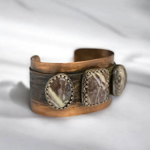 Wild Horse Triple Stone Cuff with three jasper stones, sterling settings, and matte copper wide band