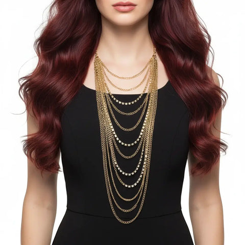 Gold Rhinestone Multi Layer Body Chain with cascading chains and festival body jewelry style