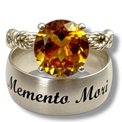 Round Citrine Sterling Silver Solitaire Ring Wild Time Fashion 10ct Honey Gemstone Statement Ring Memento Mori Artisan Remembrance Band.