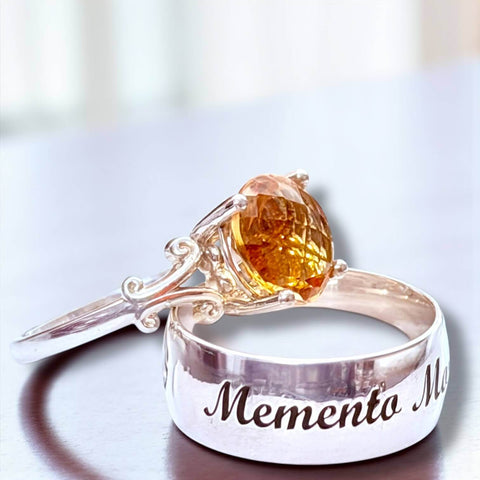 Round Citrine Sterling Silver Solitaire Ring Wild Time Fashion 10ct Honey Gemstone Statement Ring Memento Mori Artisan Remembrance Band.