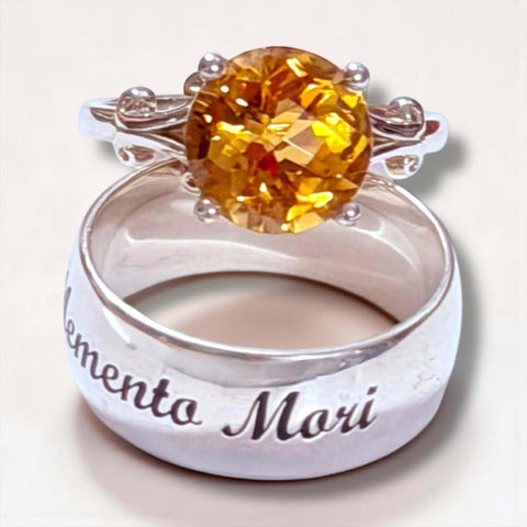 Round Citrine Sterling Silver Solitaire Ring Wild Time Fashion 10ct Honey Gemstone Statement Ring Memento Mori Artisan Remembrance Band.