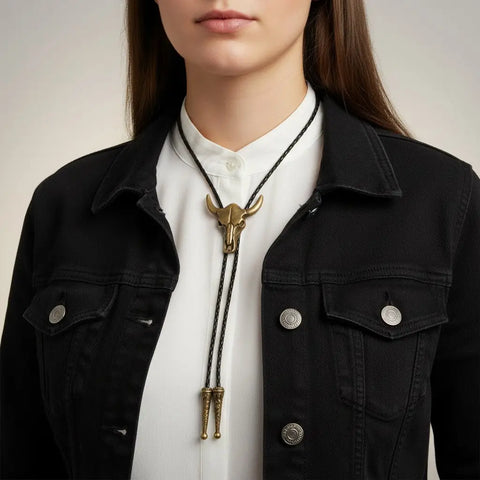 Wild West Bull Skull Cowboy Tie in antique silver, burnished gold or silver tone adjustable one size bolo tie unisex necktie