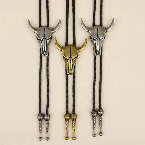 Wild West Bull Skull Cowboy Tie in antique silver, burnished gold or silver tone adjustable one size bolo tie unisex necktie