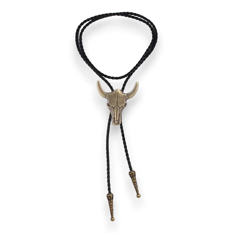 Wild West Bull Skull Cowboy Tie in antique silver, burnished gold or silver tone adjustable one size bolo tie unisex necktie