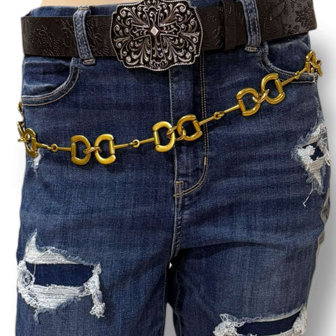 Wild West Chunky Gold Horse Bit Belt Gold horse bit belts in classic three-bit and full chunky chain styles with adjustable curb chain