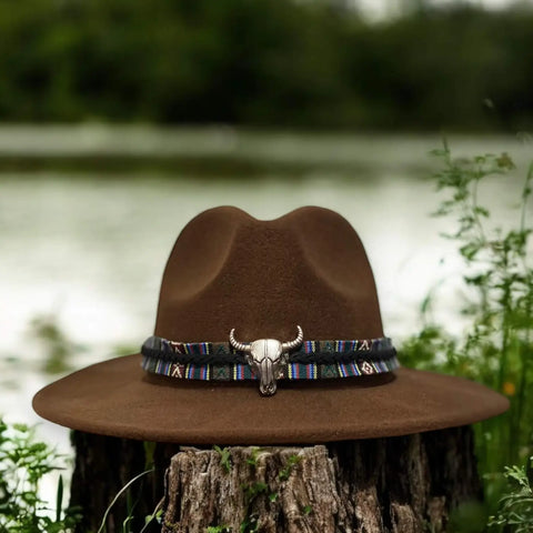  Wild West Cow Skull Fedora Hat with tribal band, silver cow skull charm, and wide brim available in black, brown, and dark red