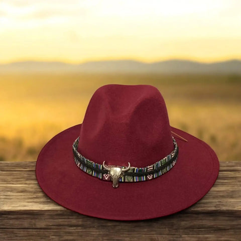  Wild West Cow Skull Fedora Hat with tribal band, silver cow skull charm, and wide brim available in black, brown, and dark red