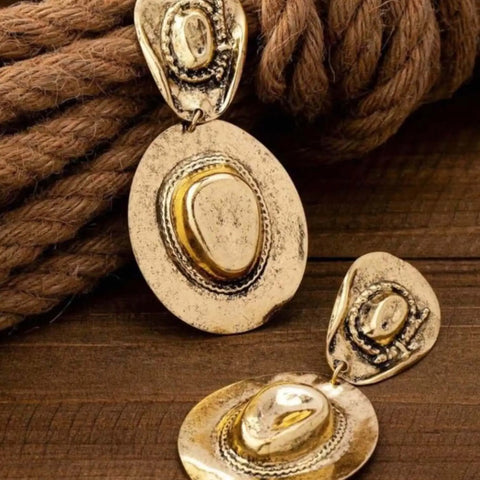 Wild West Cowboy Hat Dangle Earrings in gold or silver with double hat design for rodeo, festival, cowgirl glam