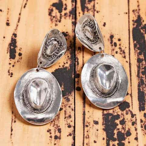 Wild West Cowboy Hat Dangle Earrings in gold or silver with double hat design for rodeo, festival, cowgirl glam