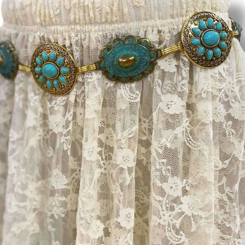 Wild West gold turquoise metal concho belt with oval and round patina links and turquoise stones