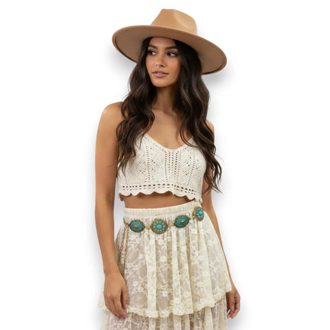 woman wearing Wild West gold turquoise metal concho belt with oval round links patina turquoise color- OSFM / Women's