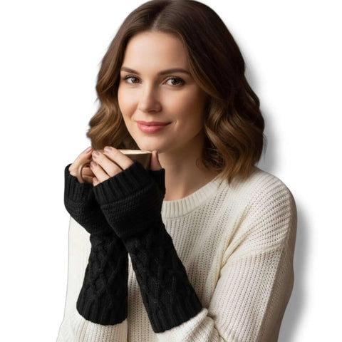Winter Long Arm Warmers Gloves with thumb holes fingerless design in black or white wool blend cold weather accessory