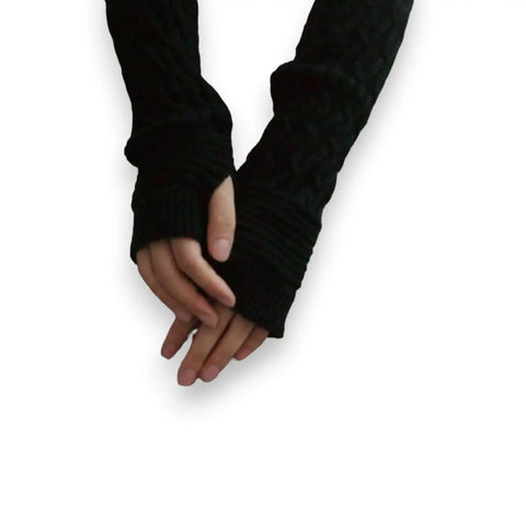 Winter Long Arm Warmers Gloves with thumb holes fingerless design in black or white wool blend cold weather accessory