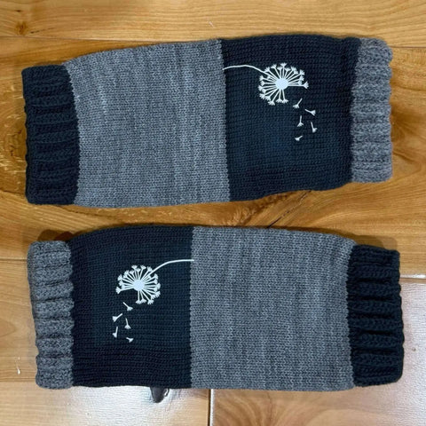 Wishes knit wrist warmers mitts with white dandelion seed motif, color block fingerless gloves with thumb holes for winter layering