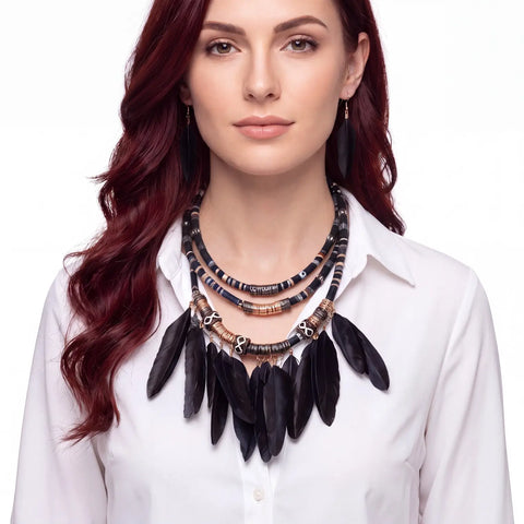 Wild West Tribal Feather Necklace and Earrings Set in black with matching feather earrings