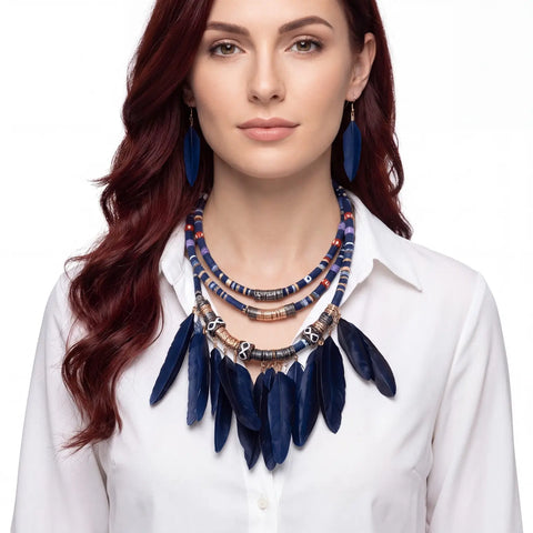 Wild West Tribal Feather Necklace and Earrings Set in dark blue with matching feather earrings