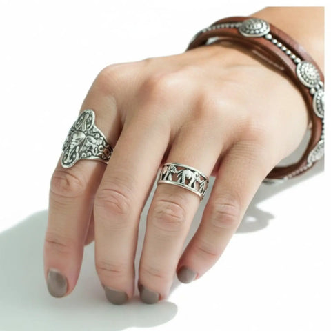 Women's Sterling Silver Multiple Elephant Ring with trunks-up elephant band design handcrafted in the USA