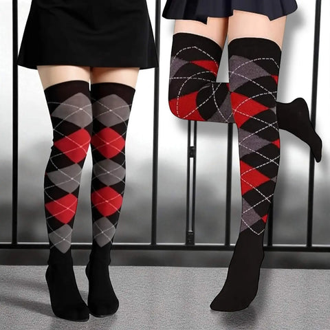 women’s argyle over knee socks black red grey pattern