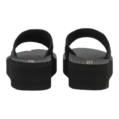 Women's Black Satin Slip On Platform Wedge Sandals - Wild Time Fashion