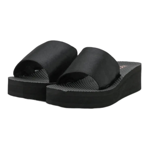 Women's Black Satin Slip On Platform Wedge Sandals - Wild Time Fashion